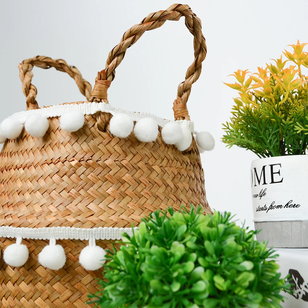 Foldable Seagrass Storage Basket — Natural Boho Charm