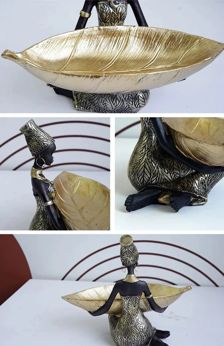 African Girl with Golden Plate – Elegant Decorative Sculpture