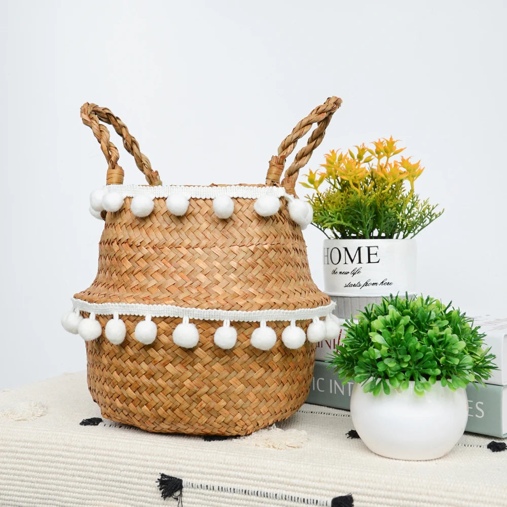 Foldable Seagrass Storage Basket — Natural Boho Charm