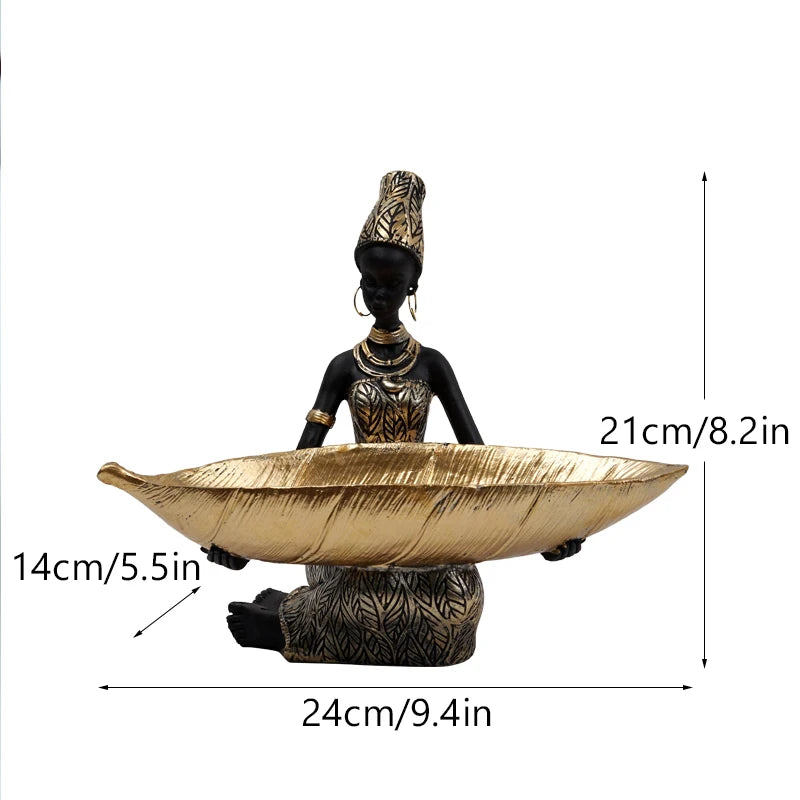 African Girl with Golden Plate – Elegant Decorative Sculpture