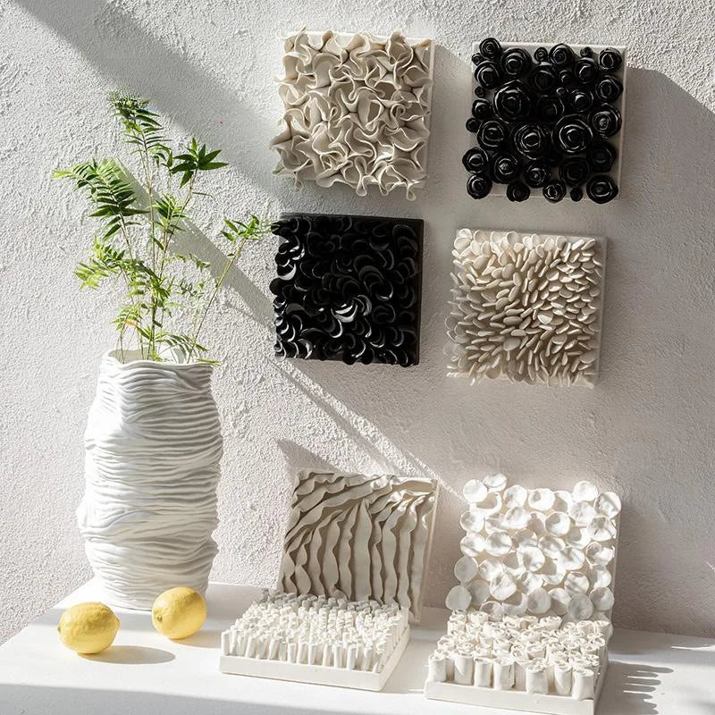 Set of Designer Textured Ceramic Wall Panels – Modern Square Relief Art