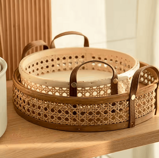 Handmade Nordic Rattan Tray with Leather Handles