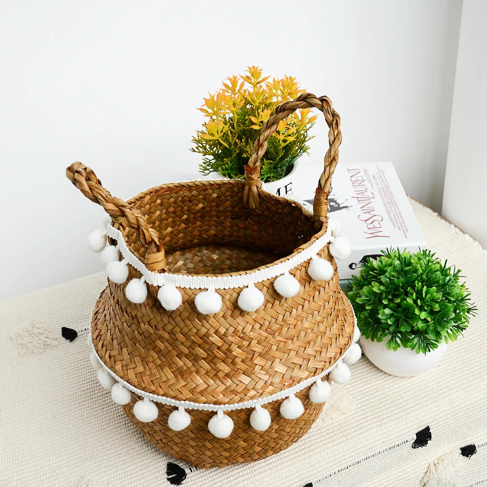 Foldable Seagrass Storage Basket — Natural Boho Charm
