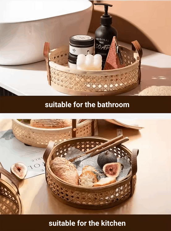 Handmade Nordic Rattan Tray with Leather Handles