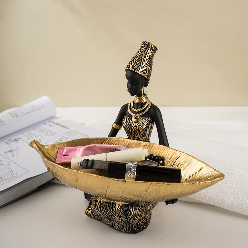 African Girl with Golden Plate – Elegant Decorative Sculpture