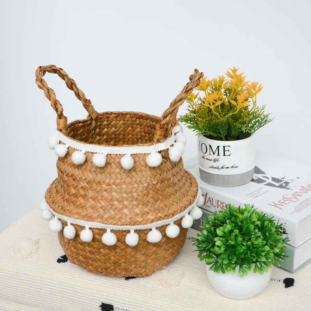 Foldable Seagrass Storage Basket — Natural Boho Charm