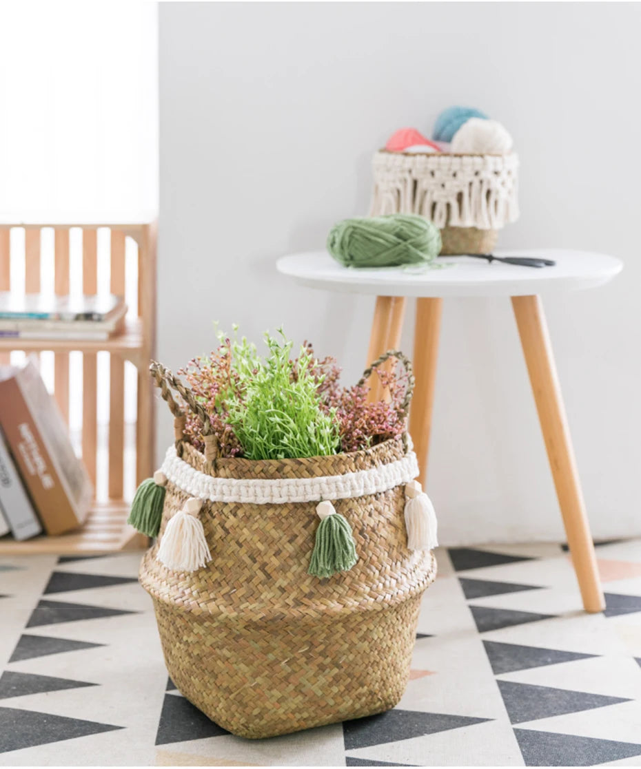 Handwoven Seagrass Basket with Tassel — Natural Elegance for Your Home