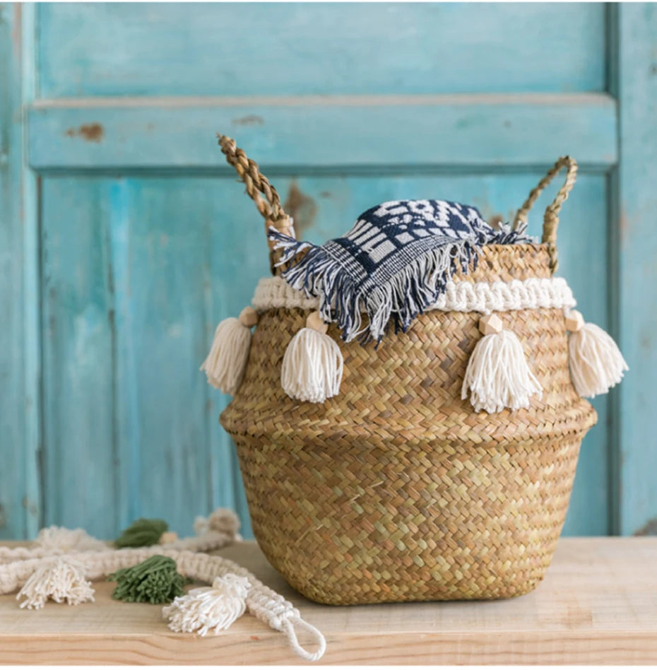 Handwoven Seagrass Basket with Tassel — Natural Elegance for Your Home