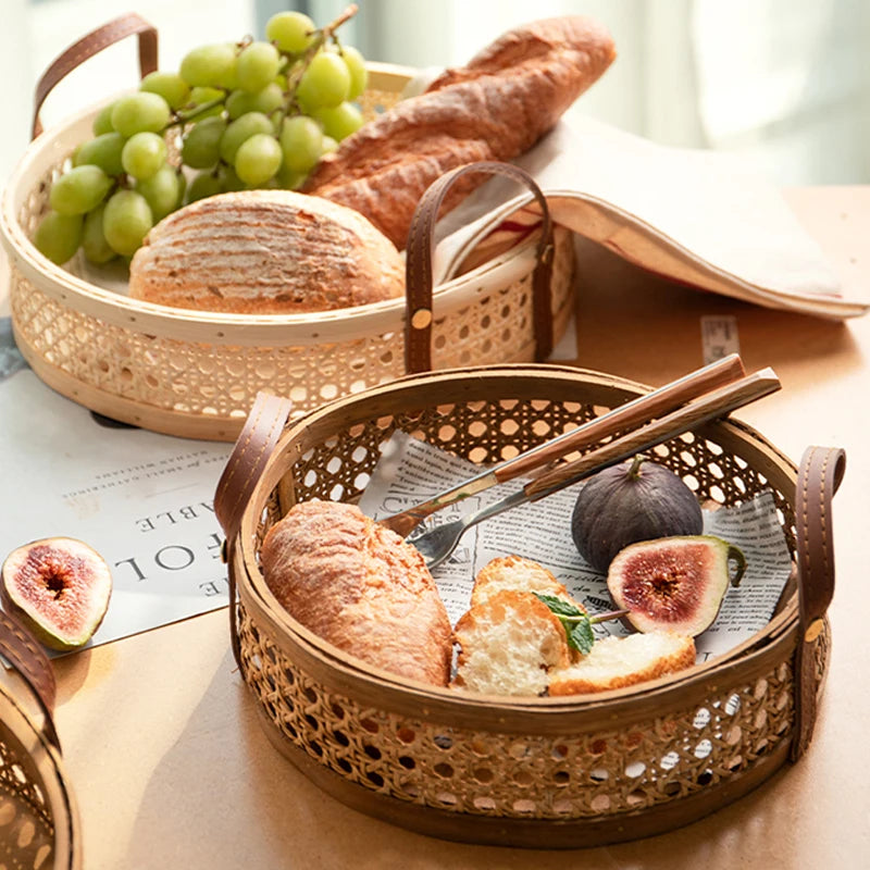 Handmade Nordic Rattan Tray with Leather Handles
