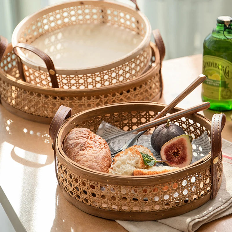 Handmade Nordic Rattan Tray with Leather Handles