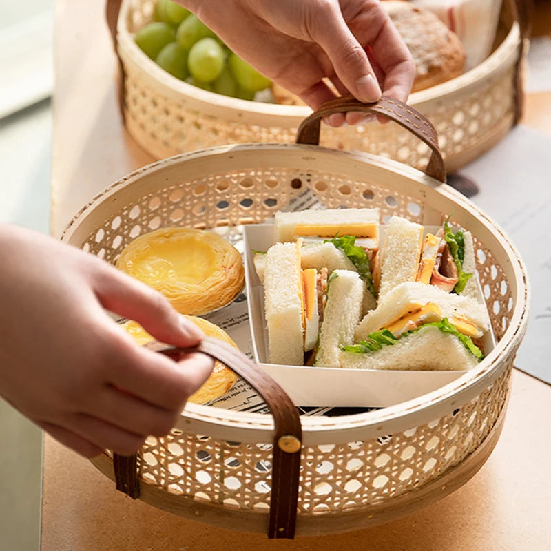 Handmade Nordic Rattan Tray with Leather Handles