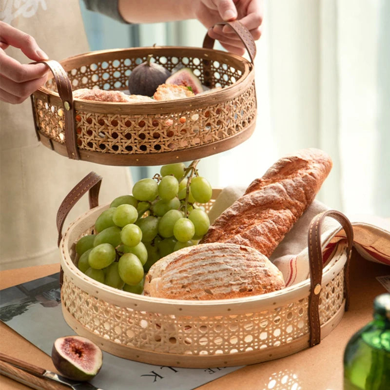 Handmade Nordic Rattan Tray with Leather Handles