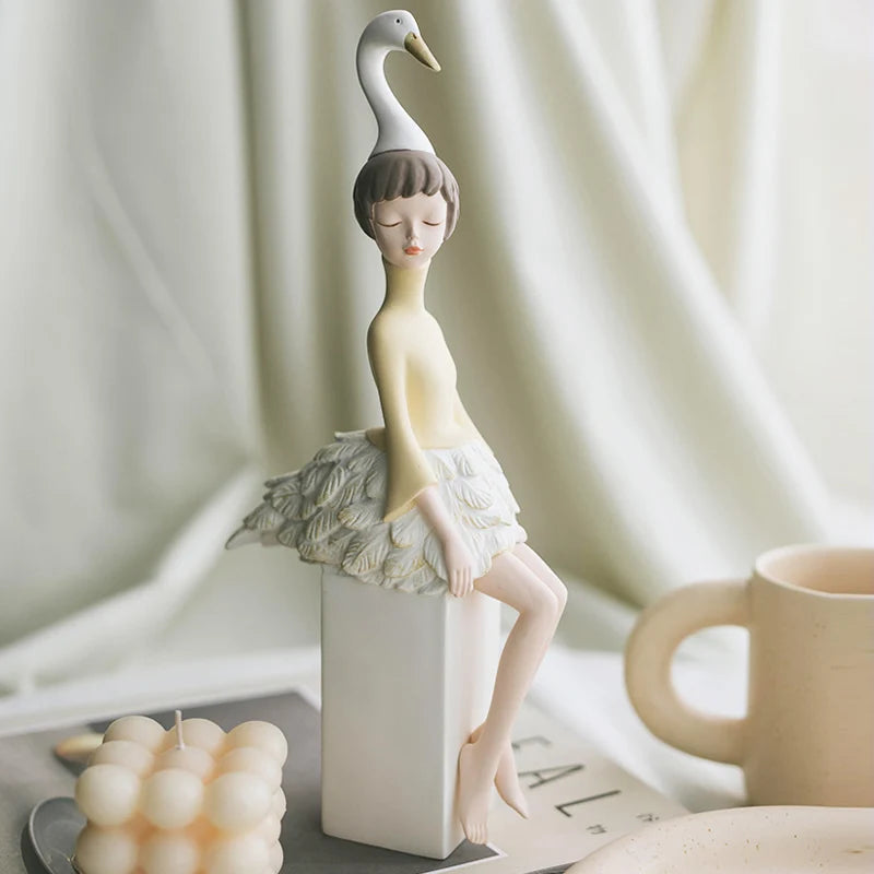 Unique Swan-Inspired Resin Girl Figurines – Sweet Morandi Colors for Modern Interiors