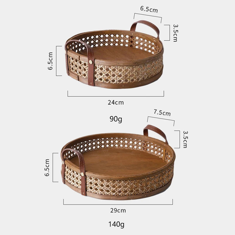 Handmade Nordic Rattan Tray with Leather Handles