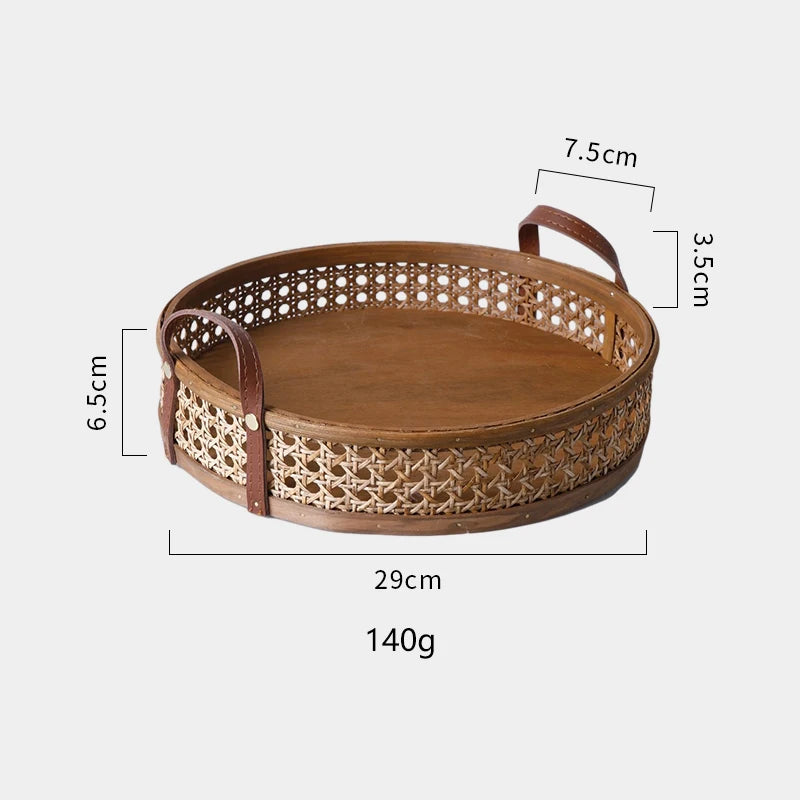 Handmade Nordic Rattan Tray with Leather Handles