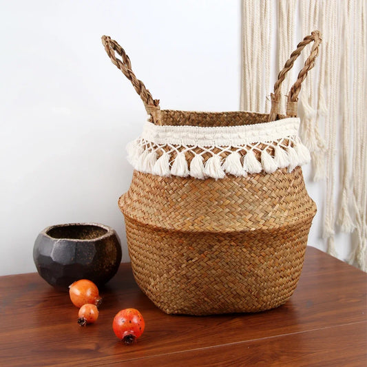 Foldable Seagrass Storage Basket — Natural Boho Charm