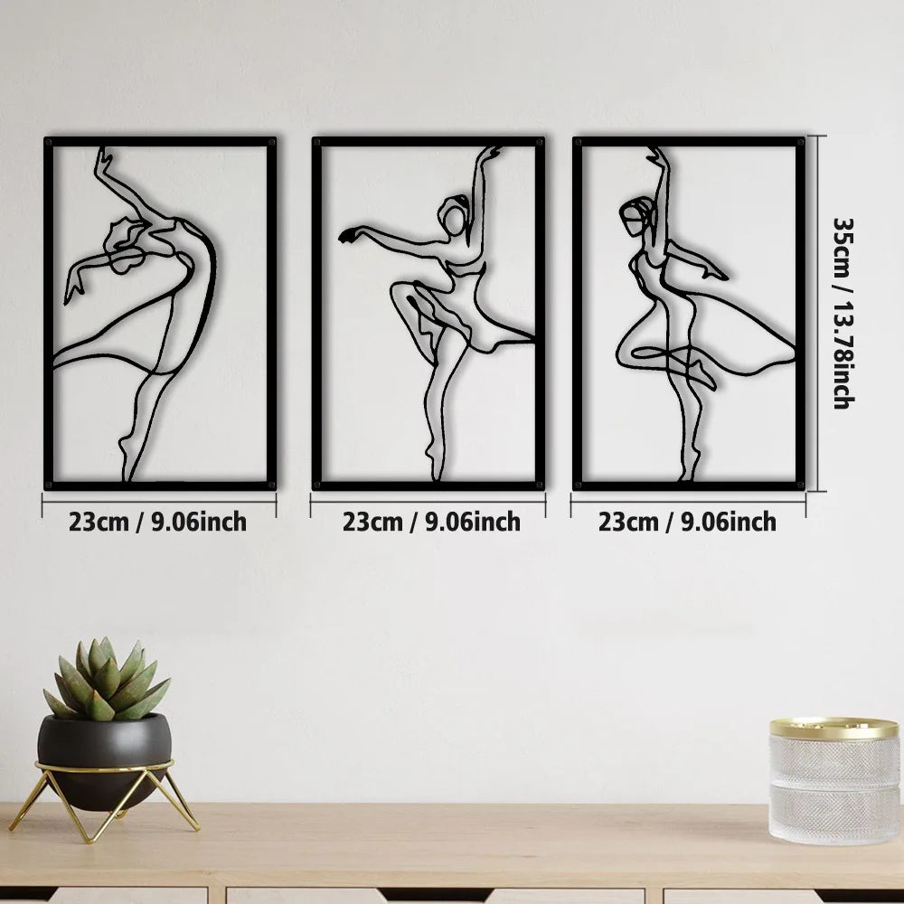 3-Piece Minimalist Dancing Woman Metal Wall Art