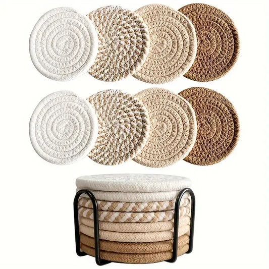 8-Piece Cotton Woven Coaster Set – Cozy Boho Charm for Your Table