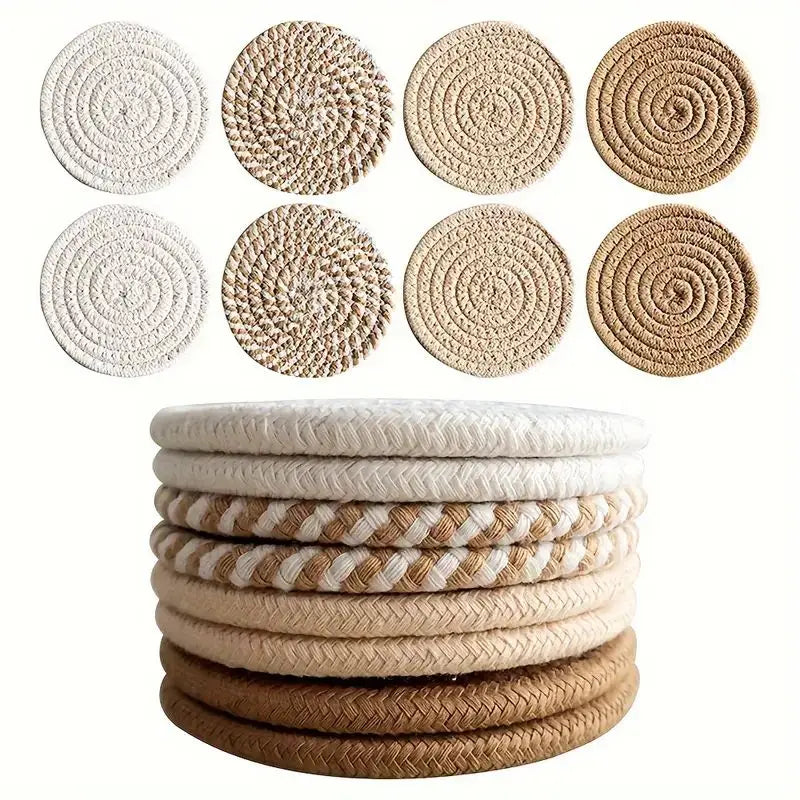 8-Piece Cotton Woven Coaster Set – Cozy Boho Charm for Your Table