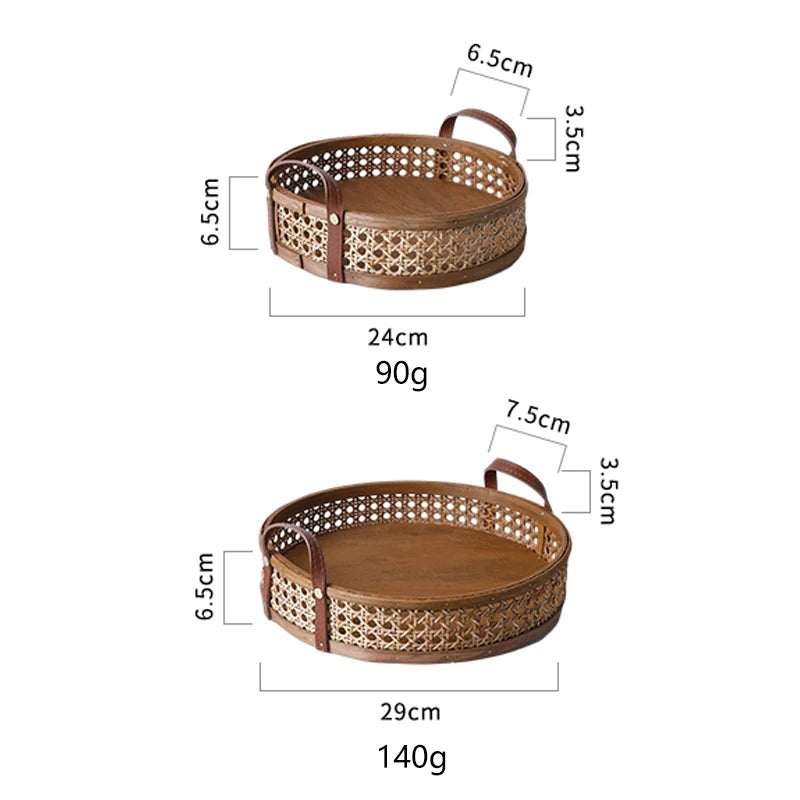 Handmade Nordic Rattan Tray with Leather Handles