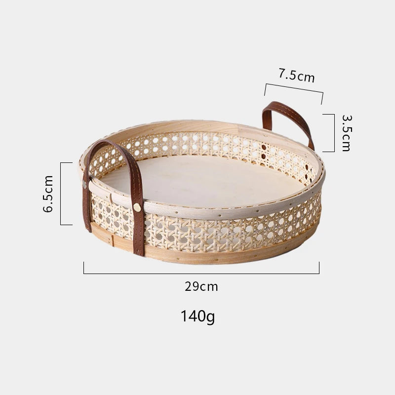 Handmade Nordic Rattan Tray with Leather Handles
