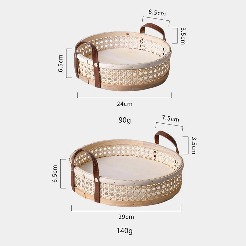 Handmade Nordic Rattan Tray with Leather Handles
